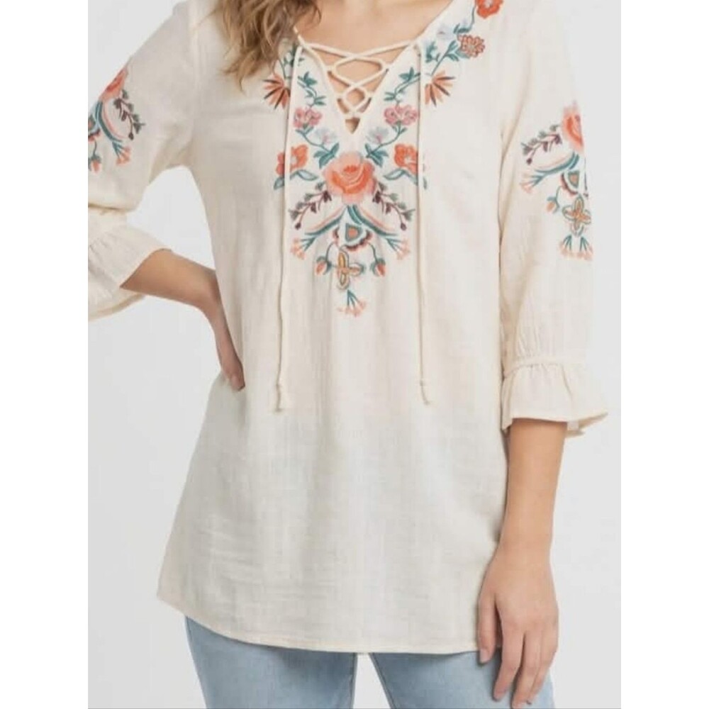 Umgee USA Embroidered Boho Tunic Top Small Cream Floral Peasant Lace-Up